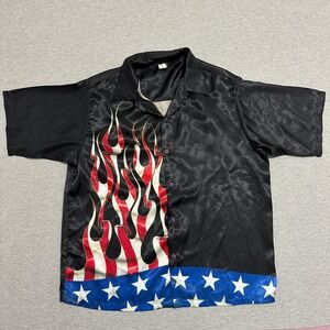 DMC Vintage American Flag Flame Button Down Shirt Satin Black Mens Large